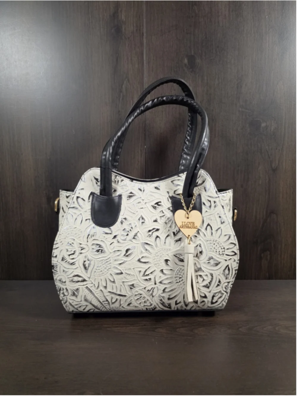 Black White Silver Embossed Tooled Artisan LEATHER Shoulder Bag Purse Crossbody